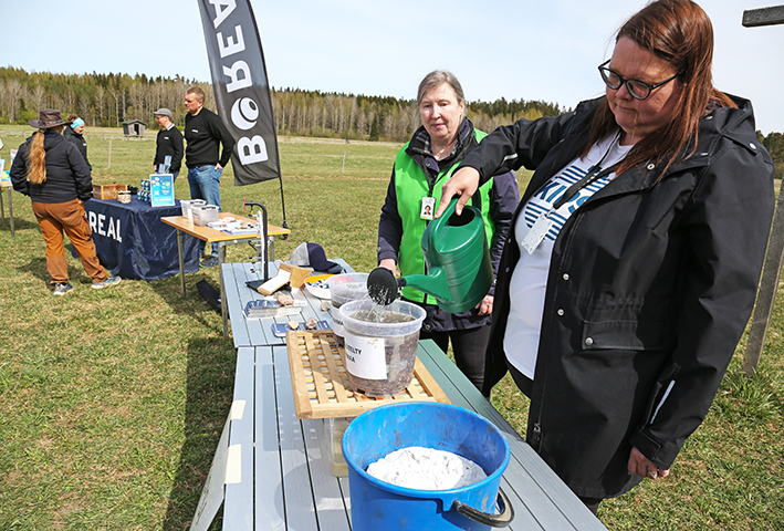 Minna Kolari kaataa vettä maanäytteeseen, Jaana Uusi-Kämppä katselee.