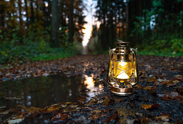 Lyhty pimeällä metsätiellä